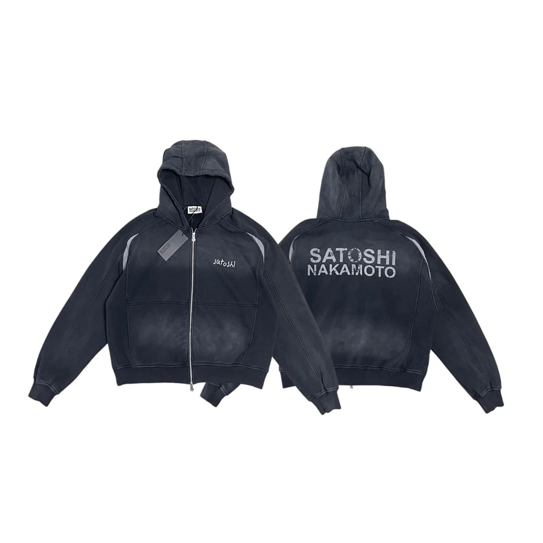 2026 Satoshi Embroidered Washed Jersey Women Men Zip Hoodie Pullover Oversized Men Cotton Hoodies