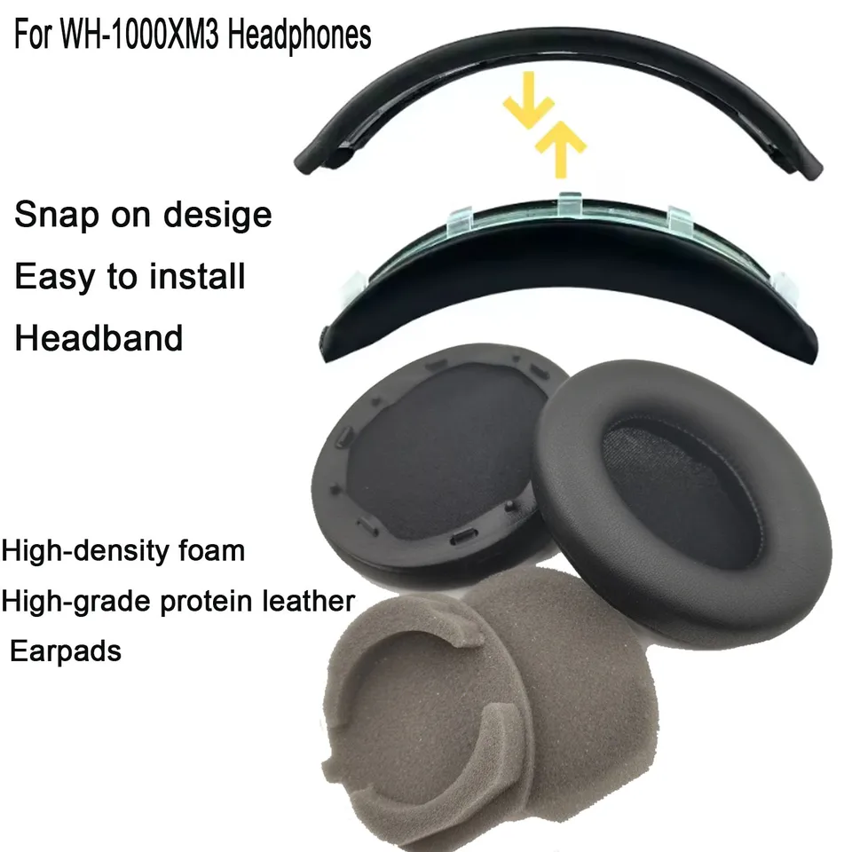 WH1000XM3 Easy Install Snap On Headband Earpads for Sony WH