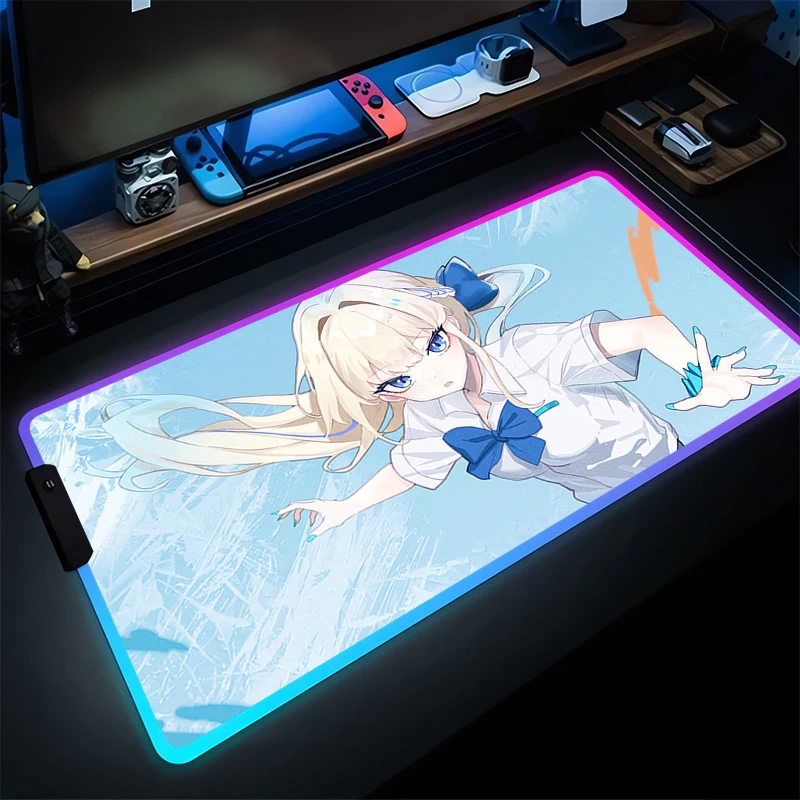 RGB Mouse Pad Komputer Gamer Anime Girl Mousepad Biru Arsip Asuma Toki Keyboard Pad LED Karet Alam Gaming Meja Mouse Mat