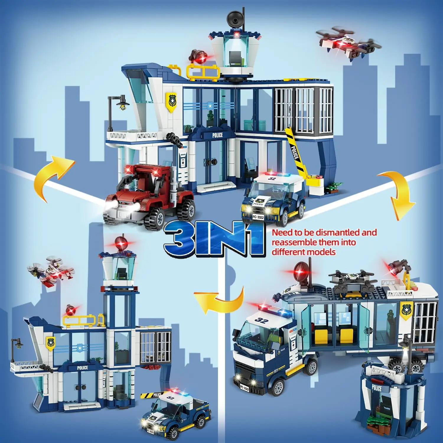 3 IN 1 City Police Station Building Blocks Toy STEM Set with Police Car Bandit Car Drone Bricks Toys for Kids 6+ years Boys Gift
