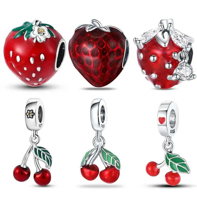 

925 Sterling Silver Delicious Strawberries&Cherry Charms Pendants Fit For Necklace Original Bracelet DIY Fine Women's Party Gift