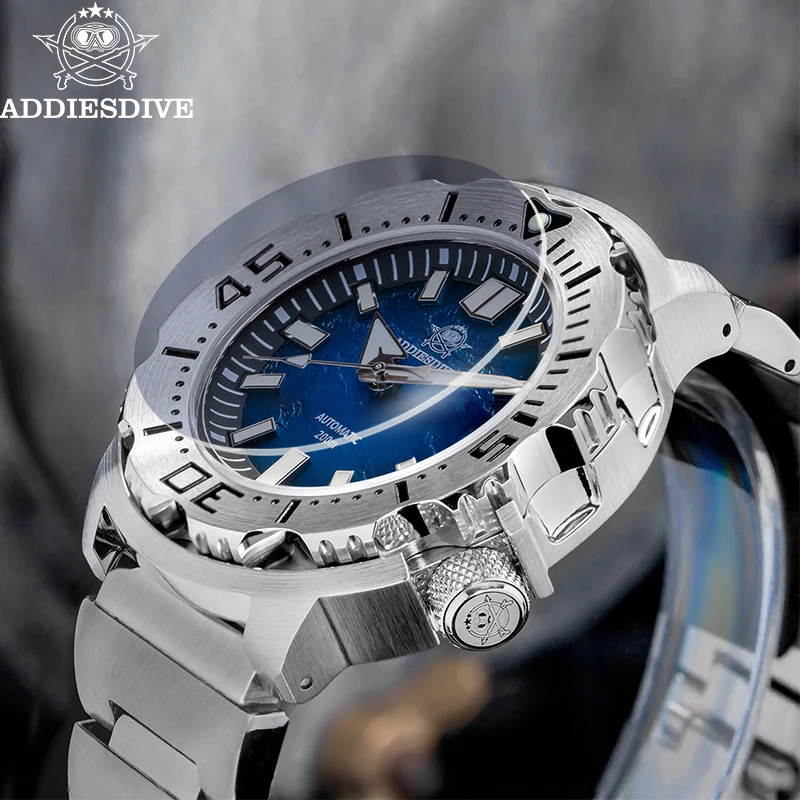 ADDIESDIVE Luminous 42mm 200M Diving Watches AR Sapphire Crystal Monster Blue Dial Wristwatches Steel NH35 Mens Automatic Watch