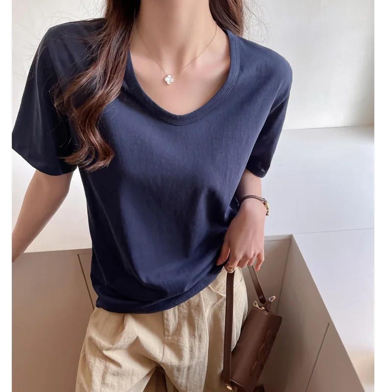 

Классическая женская футболка с U-образным вырезом и короткими рукавами, универсальные свободные и тонкие женские топы с половиной рукавов, нижняя рубашка с низким вырезом на ключице