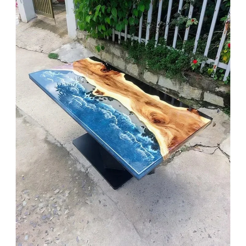 custom.Handmade Large Plate Tea Table Solid Wood with Epoxy Resin Home Farmhouse Hotel Warehouse River Table Design