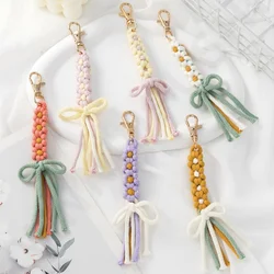 Macrame Daisy Flower Bow Tassel Keychains For Women Girl Gift Trendy Handmade Plant Long Pendant Purse Bag Box Keyring Ornament