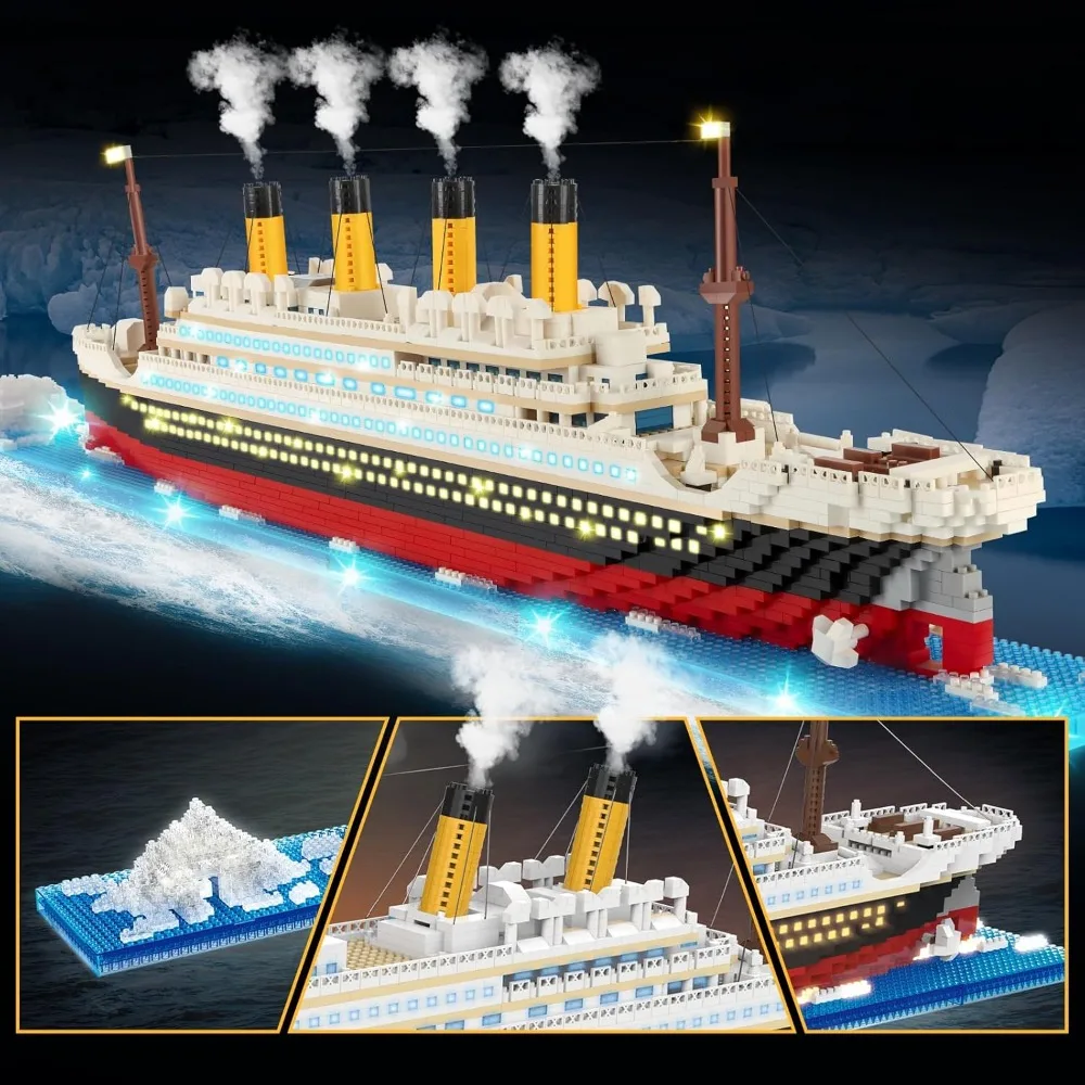 Zestaw klocków LED Titanic, 4100 elementów, wyszukany, szczegółowy model klasycznego statku wycieczkowego, zestaw do samodzielnego montażu dla entuzjastów modelarstwa, prezent świąteczny dla chłopców