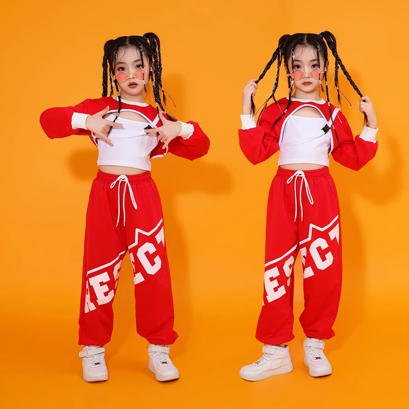 

2023 Jazz Dance Performance Costumes For Girls Children Red Crop Tops Loose Pants Kpop Outfits Kids Hip Hop Dance Wear DQS12624