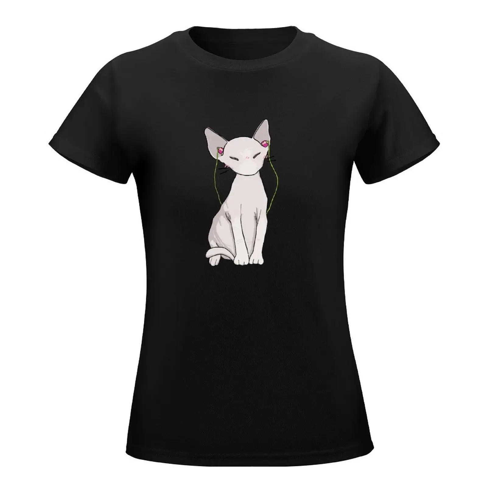 sphynx cat with earbuds T-Shirt lady clothes kawaii clothes graphics funny Women t-shirts