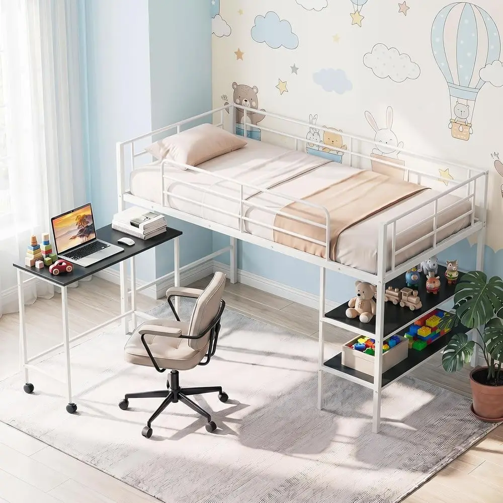 

White Twin Size Platform Bed with Desk, Bookshelf, Storage, and Rolling Desk for Kids