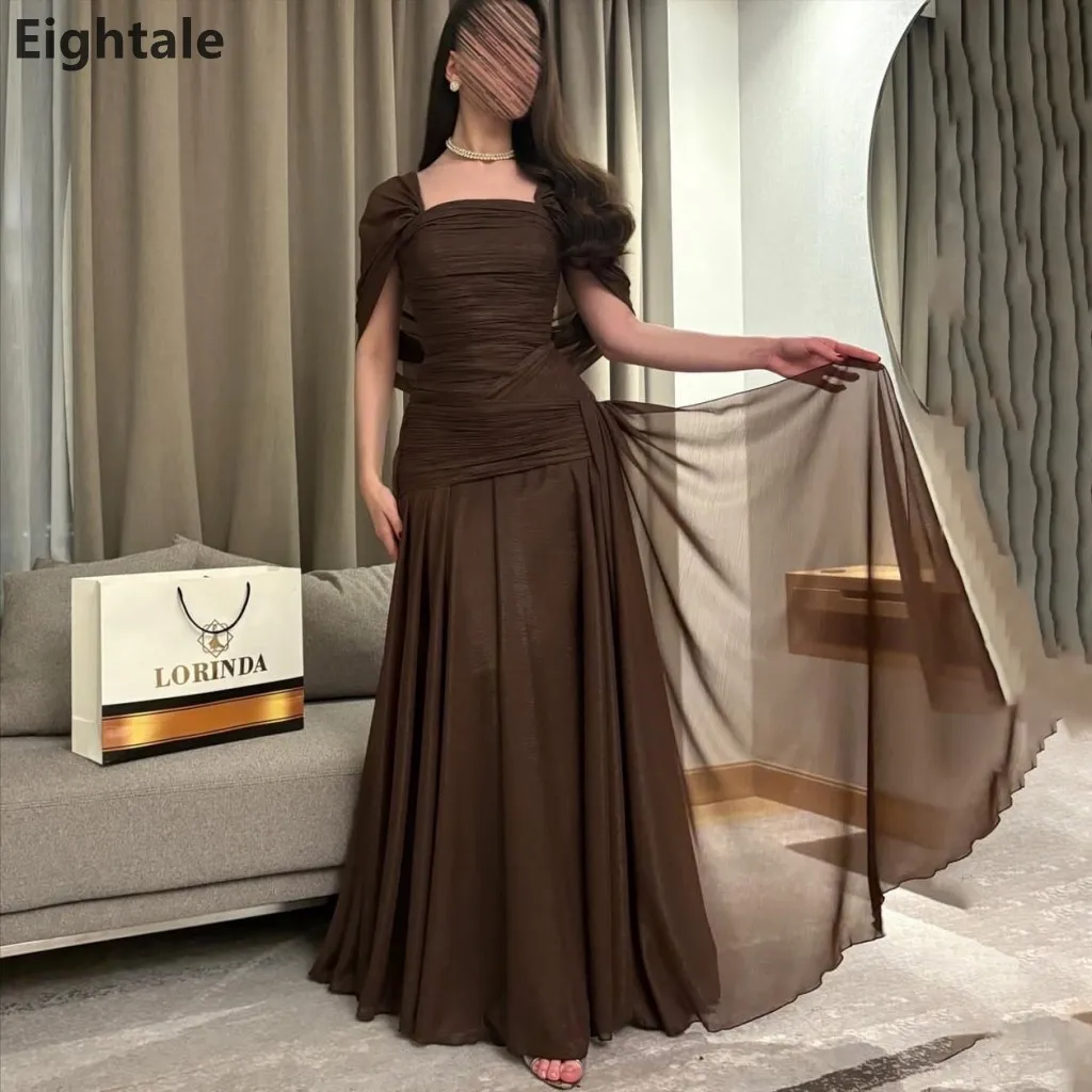 

Eightale 2026 Square Neck Brown Silk Chiffon Maxi Evening Dress Cape Wedding Party Formal Prom Dress Dubai Party Gown Customized