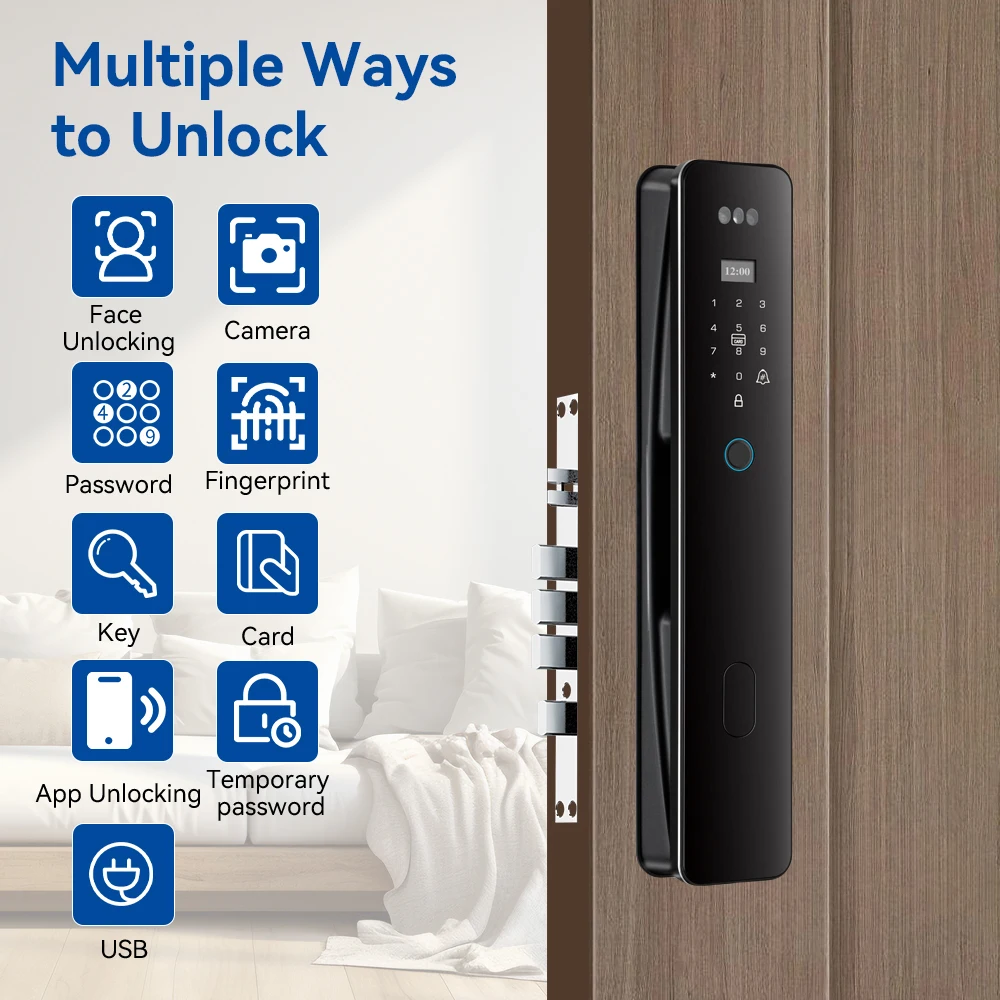 Tuya WiFi Smart Camera Door Lock 3D Face & Fingerprint Unlock Real-time Video Intercom Aluminum Exterior For Home Use