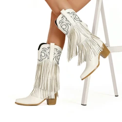 Embroidery White Pointed Toe Western Cowboy Boots with Tassels Chunky High Heels Slip-on Ladies Shoes Winter Goth Black Boot