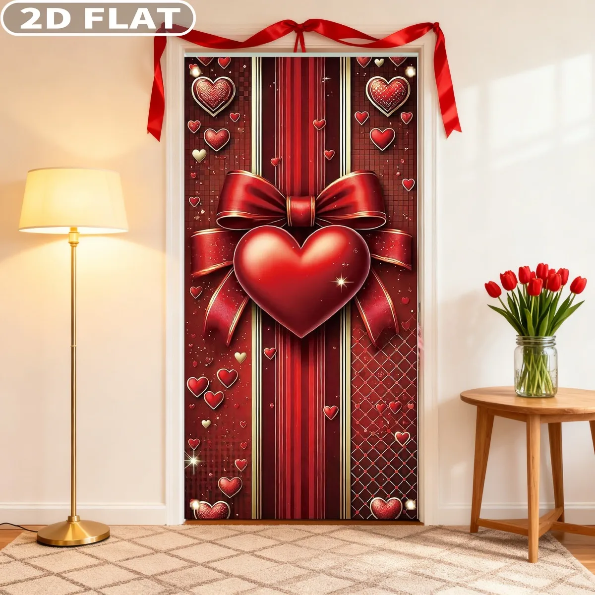 

1pc Valentine Door Cover with Grommets, Durable Polyester Red Heart Banner 71x35 Inch Romantic Ribbon Bow Backdrop Love Themed
