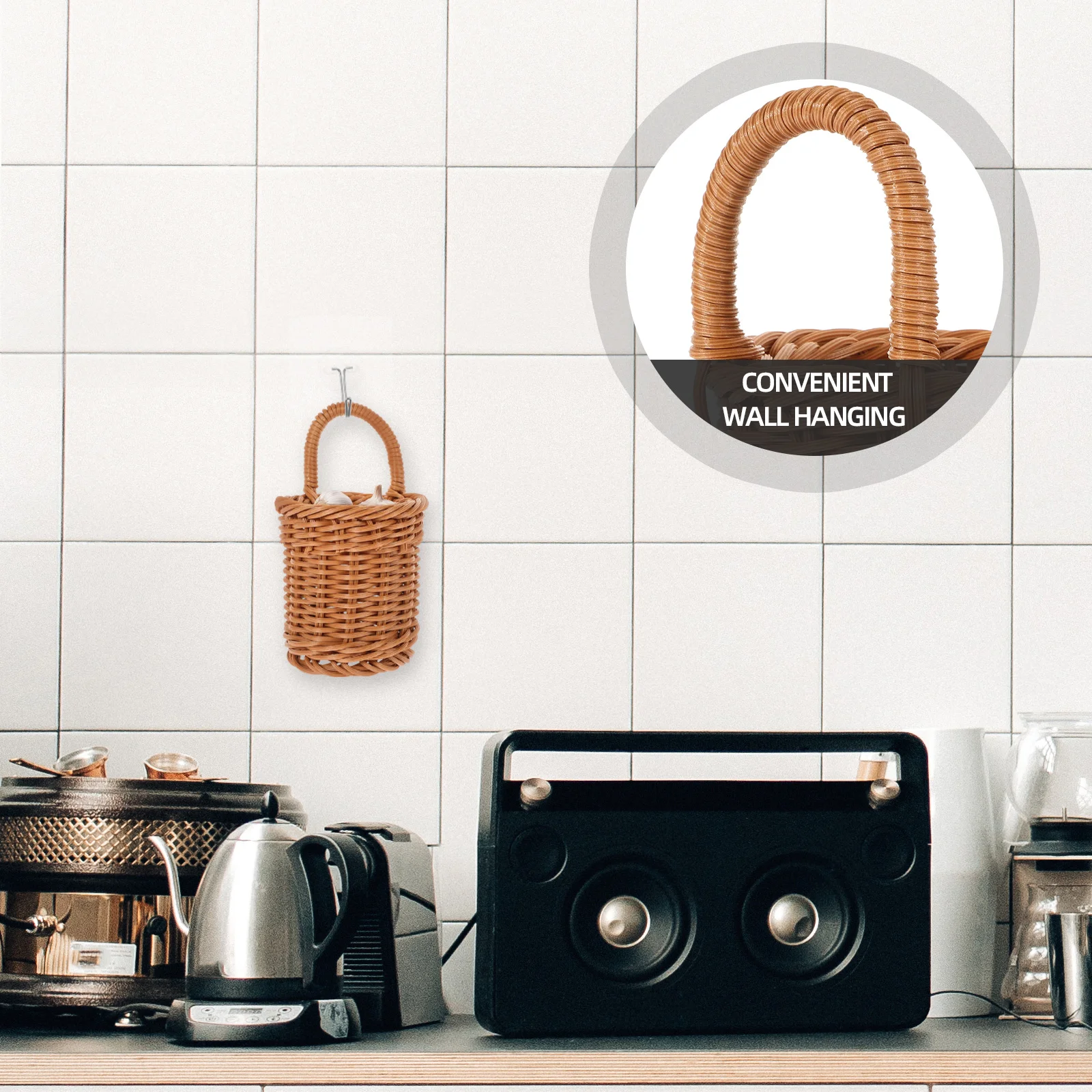 

Wall Hanging Storage Basket Small Woven Kitchen Baskets Brown Round Mini Plastic Fruit Vegetable Garlic Egg Seasoning Holder