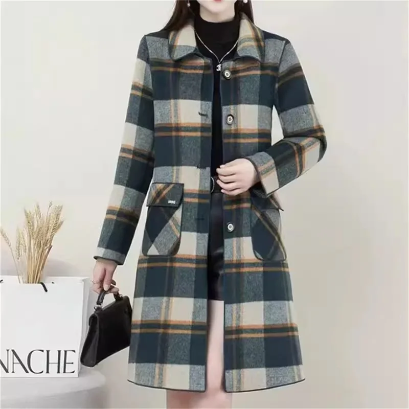 High Quality Spring And Autumn Mid Long Woolen Jacket Slim Fit Middle-Aged Mother Coat Fashion Jacket Double-Sided Plaid Jacket