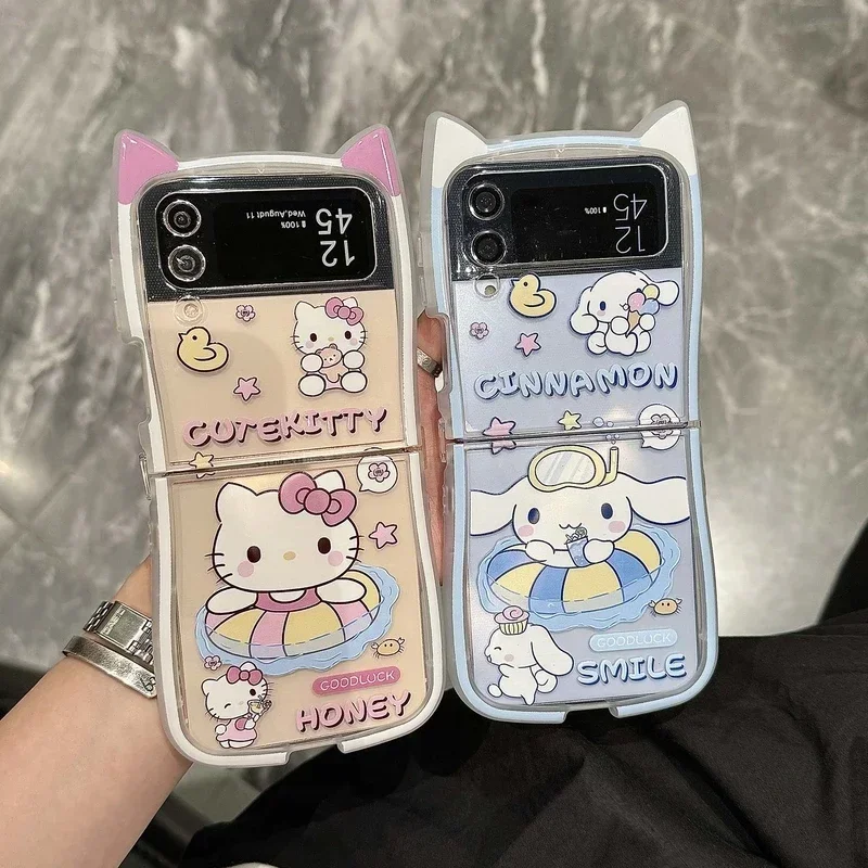 Etui na telefon 3D Cute Cartoon Sanrio Hello Kitty Cinnamoroll do Samsung Galaxy Z Flip 6 5 5G 4 3 Przezroczyste, miękkie etui TPU ze smyczą