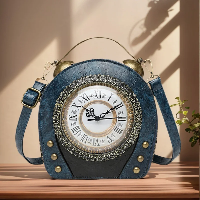 Novelty Antique Clock Crossbody Purse Retro Blue Faux Leather Steampunk Handbag Metal Lace Trim Adjustable Strap for Gothic