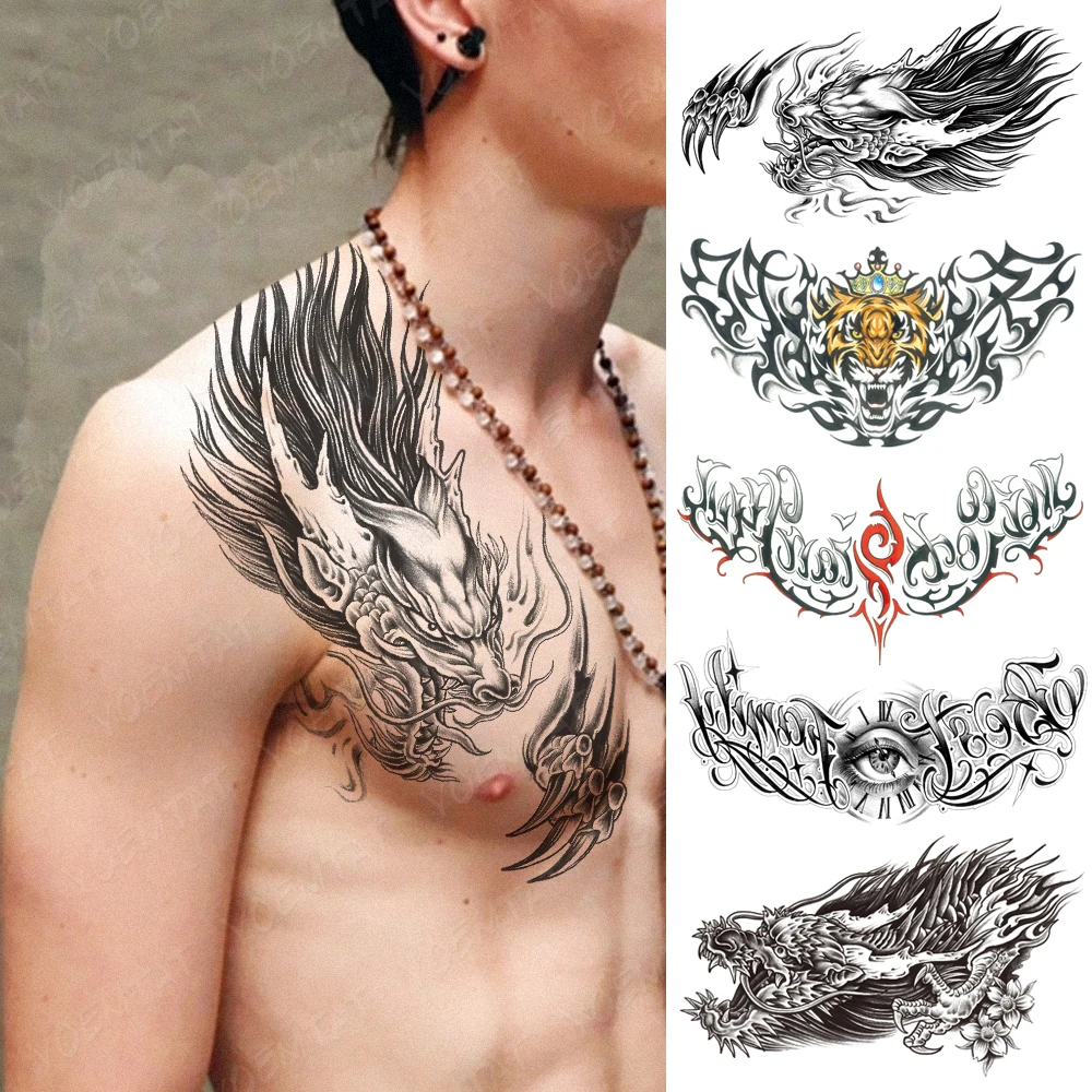 

Large Chest Tattoo For Men Black Dragon Spray Beast Waterproof Temporary Tattoo Sticker Waist Back Art Designs Women Fake Tatoo