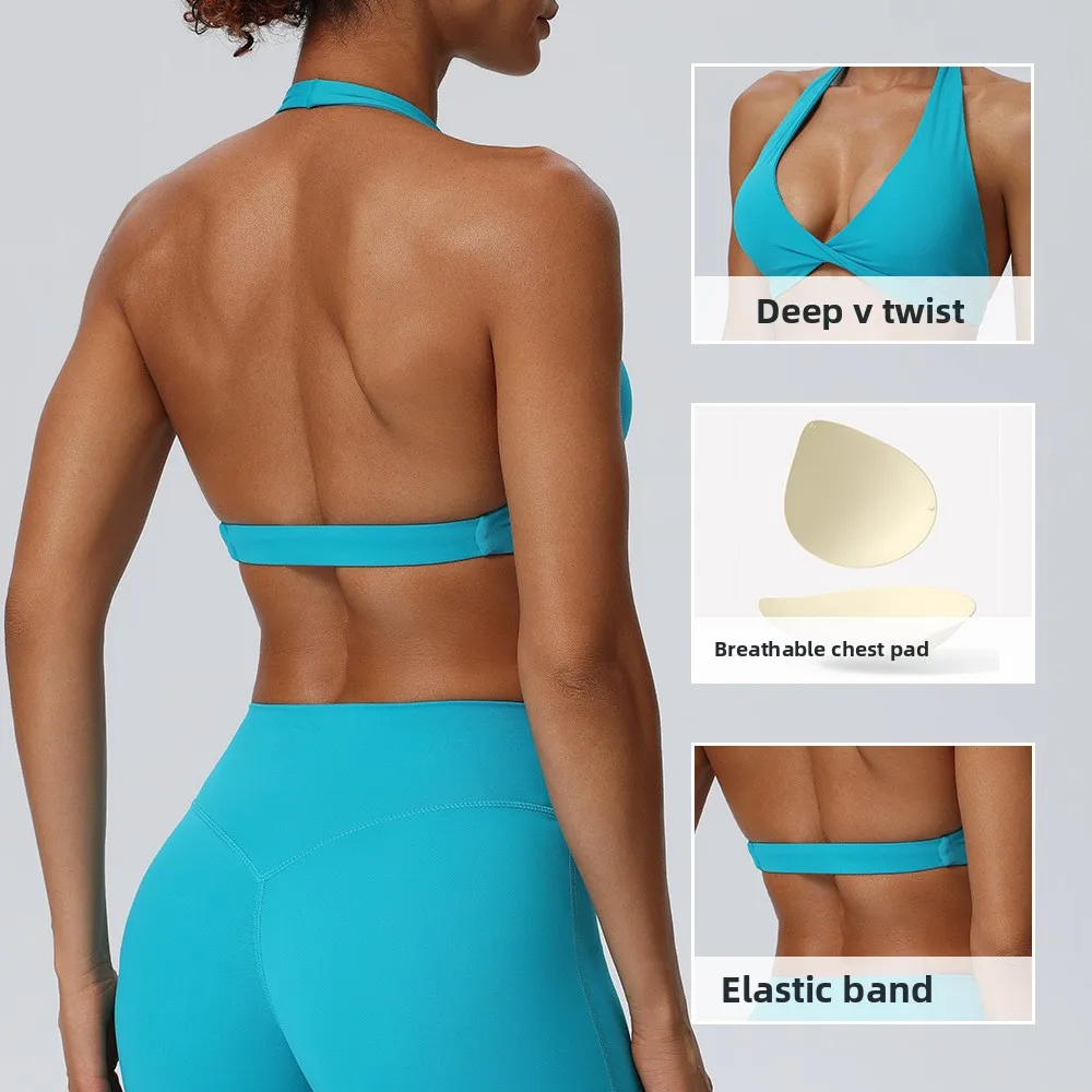 Yoga bra women's neck hanging beautiful back fitness bra sexy no steel ring sports vest Bra strap detachable chest pad bra Vest