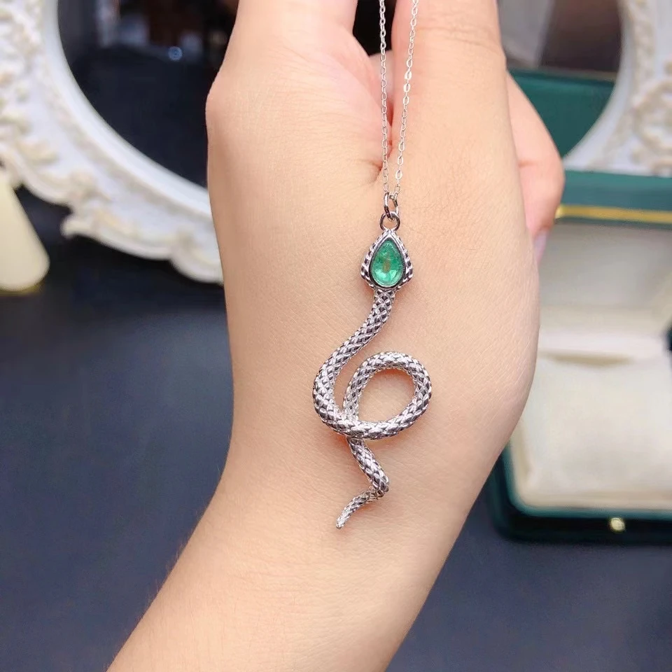 Sterling Silver Snake Pendant for Woman 4mm*6mm Natural Emerald Perndant with 3 Layers Gold Plating 925 Silver Emerald Jewelry