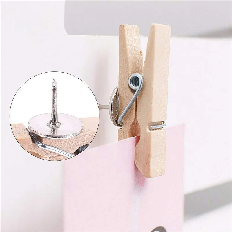 Push Pins with Wooden Clips Pushpins Tacks Thumbtacks, Paper Clips with Pins for Cork Boards Notes Photos Wall and Craft for Off