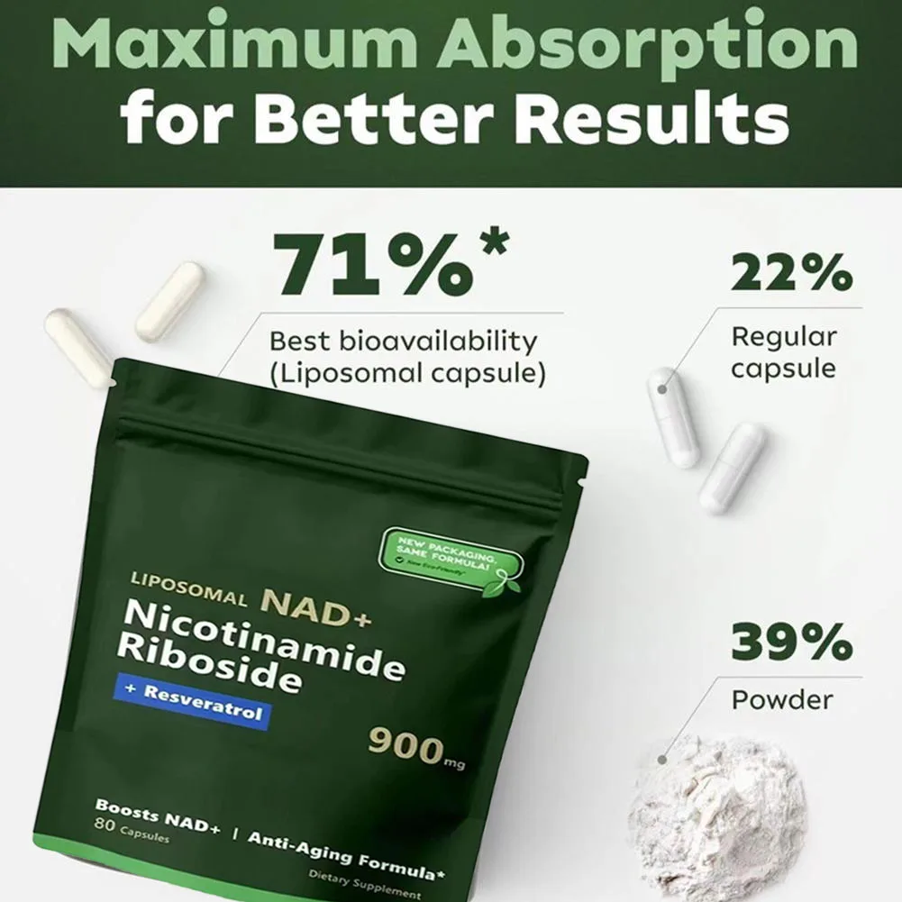 2 Bags NAD+ Supplement - Liposomal Nicotinamide Riboside 900mg Resveratrol,Protect Blood Vessels,Skin Health Care