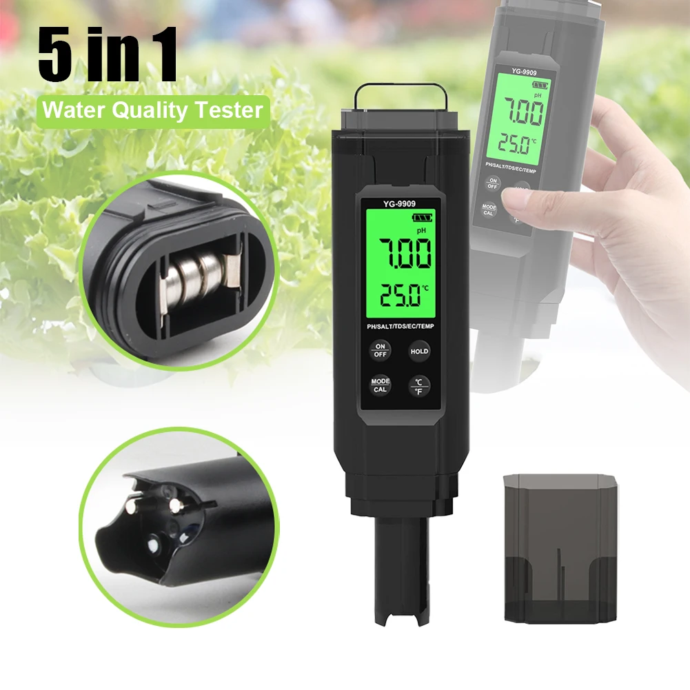 Digital PH Meter Aquarium Water Quality Tester Thermometer PH/EC/Salinity/TDS Meter for Swimming Pool Drinking Water Fish Tank