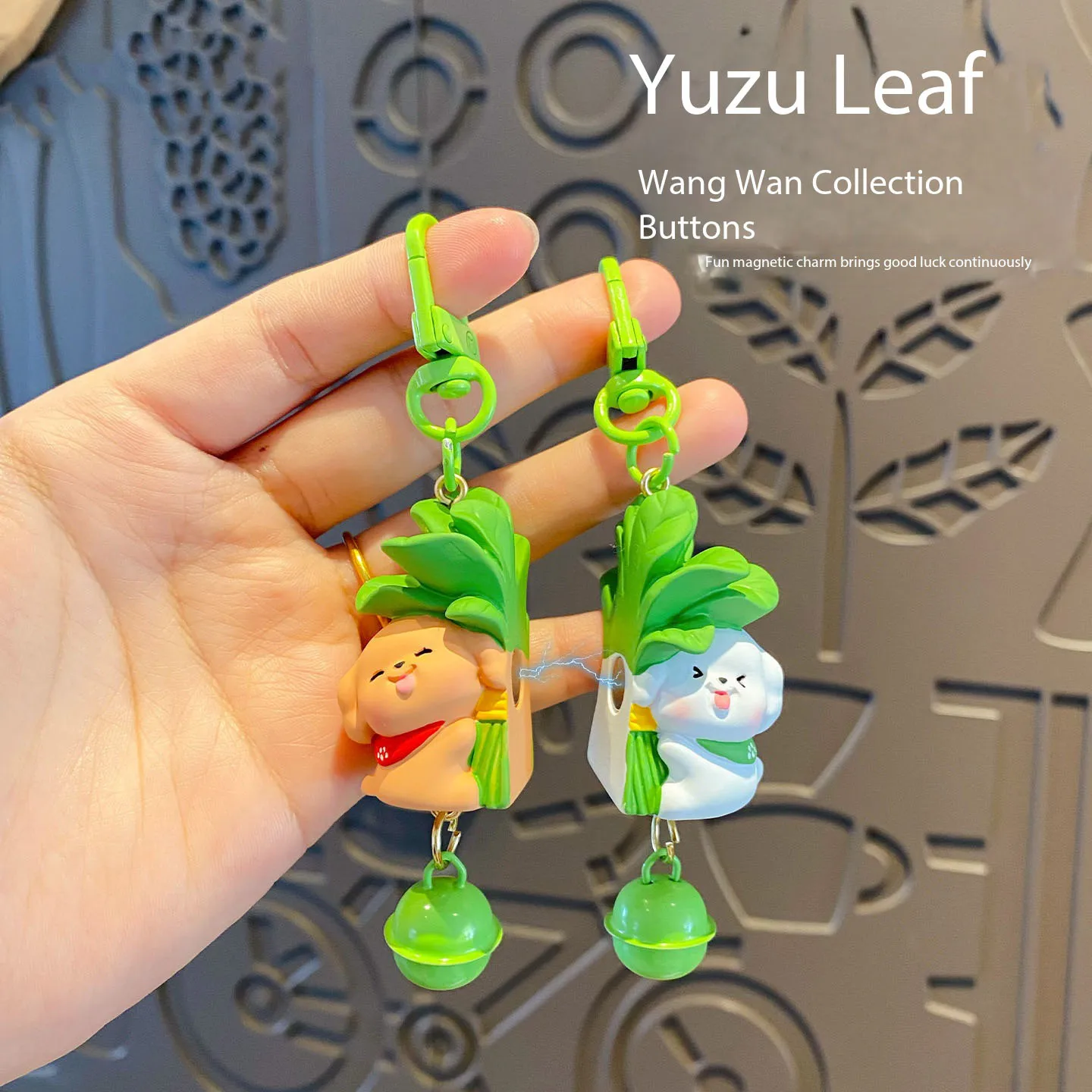 Cute Pomelo Leaf Cheek to cheek Dog Magnetic Buckle Keychain Grapefruit Leaf Removes Bad Luck Bichon Doll Bell Pendant Key Chain