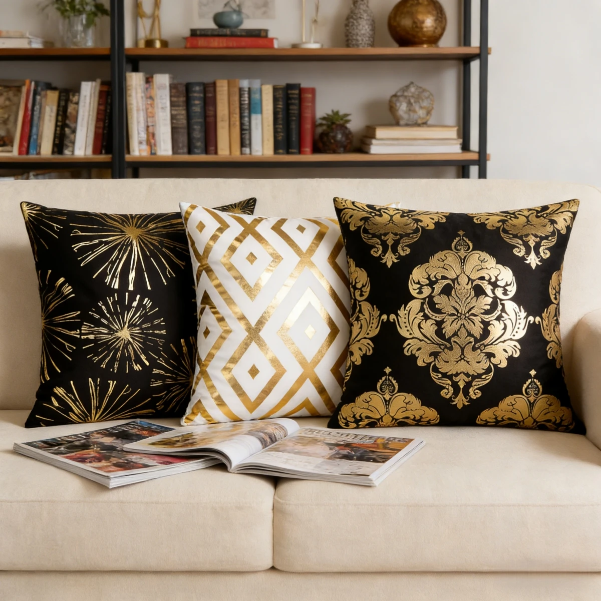 1 Stück Kissenbezug aus Goldfolie, 45 x 45 cm, dekorativer Kissenbezug, schwarz-weißer geometrischer Kissenbezug für Sofa, Wohnzimmer, Kissenbezug