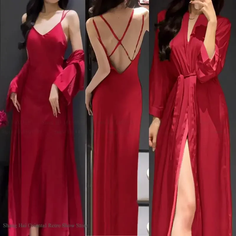 

Новый женский длинный комплект-двойной халат, ночная рубашка, сексуальное женское белье, женское домашнее платье, одежда для сна, новое летнее атласное ночное платье, одежда для дома