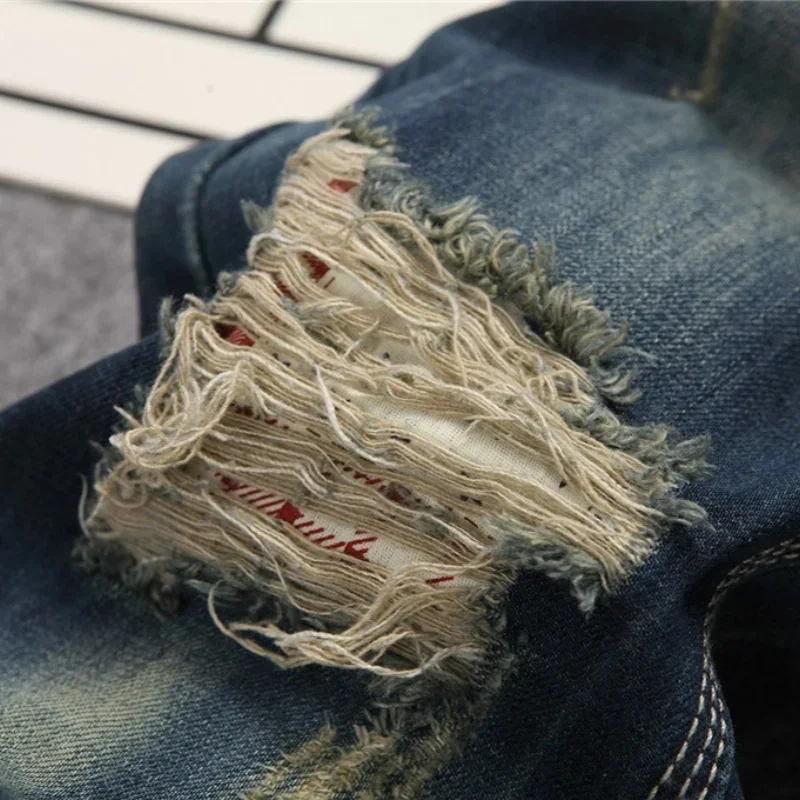 Men\'s Personalized Ripped Jeans Retro Distressed New Style Straight Slim Fit Casual High Street Fashion Denim Long Pants Male