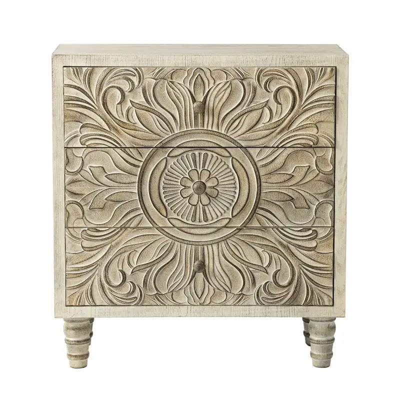 Cômoda compacta de três gavetas, caixa decorativa esculpida à mão em madeira com flores, passagem de entrada do quarto, armário da sala de estar