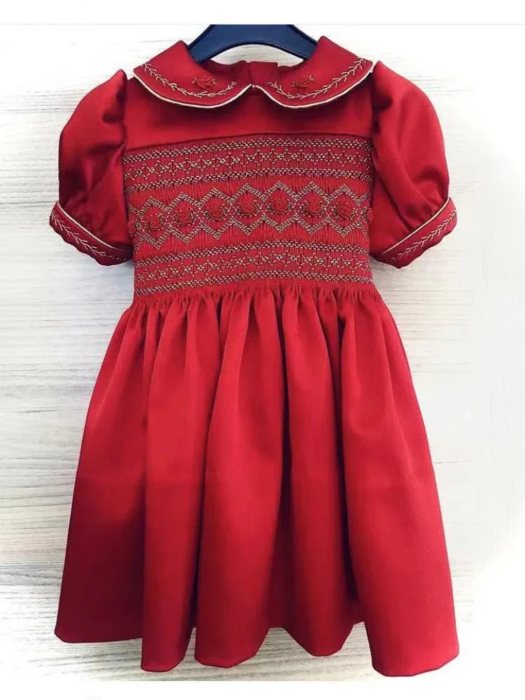 

0-6Y Baby Girl Summer Red Smocked Turkish Vintage Princess Dress for Birthday Holiday Easter Photography Eid