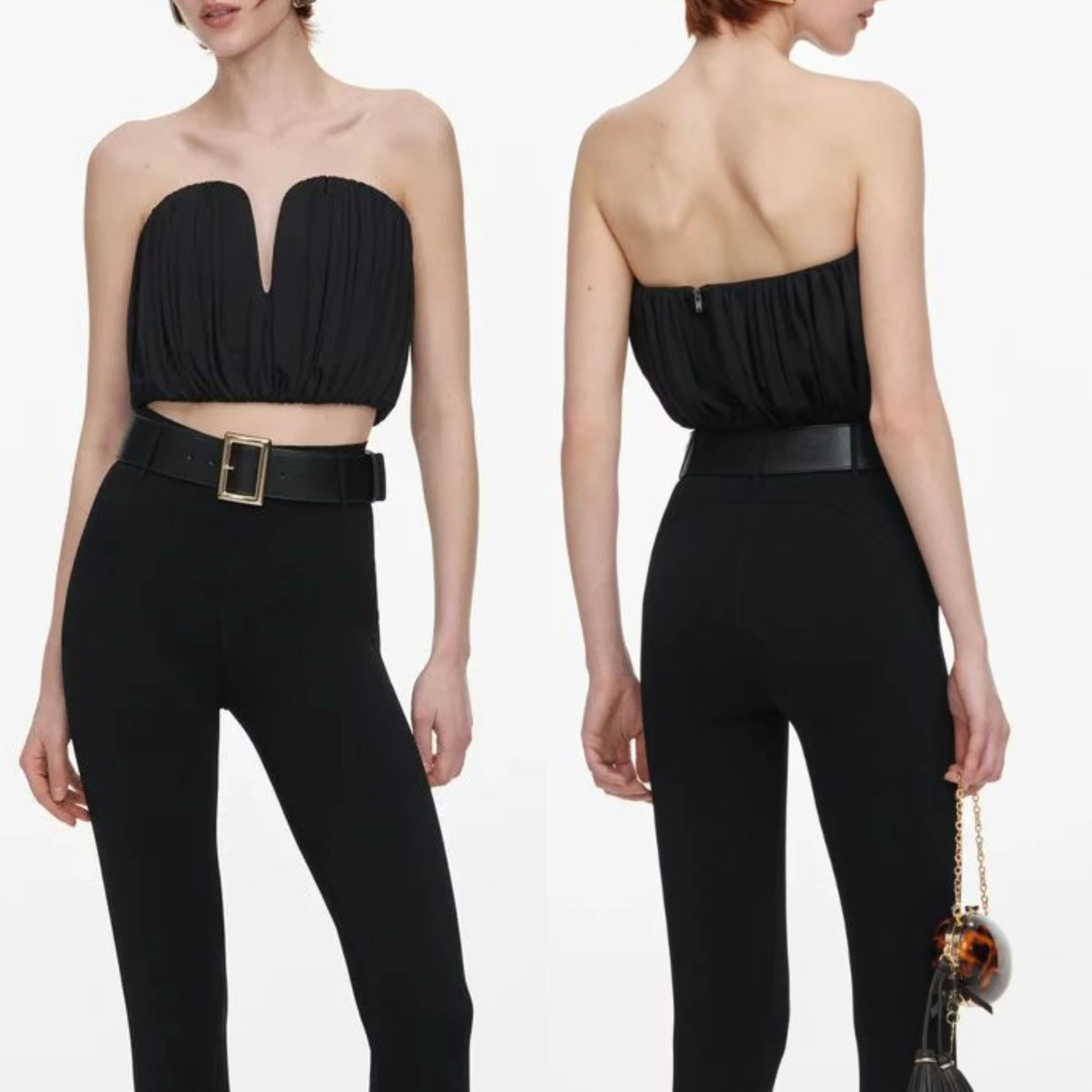 Women Black Ruched V Neck fashion Strapless Tube Crop Top