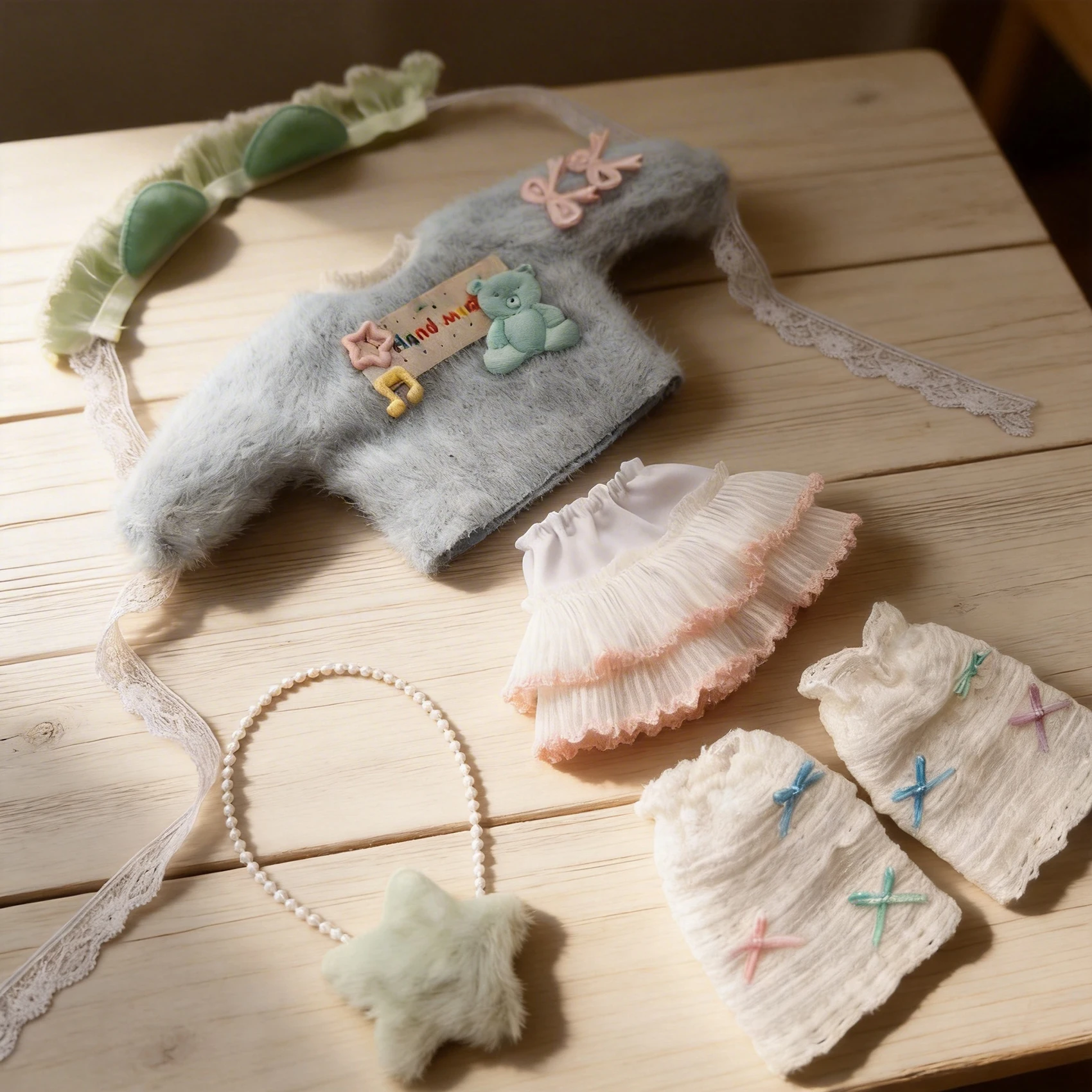 

Нежный комплект одежды для куклы BJD 1/6 (30 см): плюшевый свитер, кружевная юбка, жемчужное ожерелье – полный милый наряд