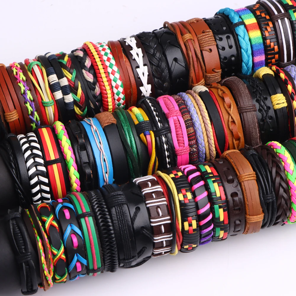 25/50/100Pcs/Lot Fashion Retro Vintage Brown Ethnic Leather Bracelets Metal Cuff Colorful Bangle Jewelry For Women Men Wholesale