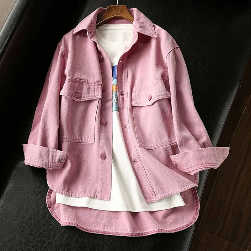 

Elegant Pink Denim Shirt Jacket Women's Loose Casual Midi Length Spring Autumn Top Quality Material Pure Color Commute Style