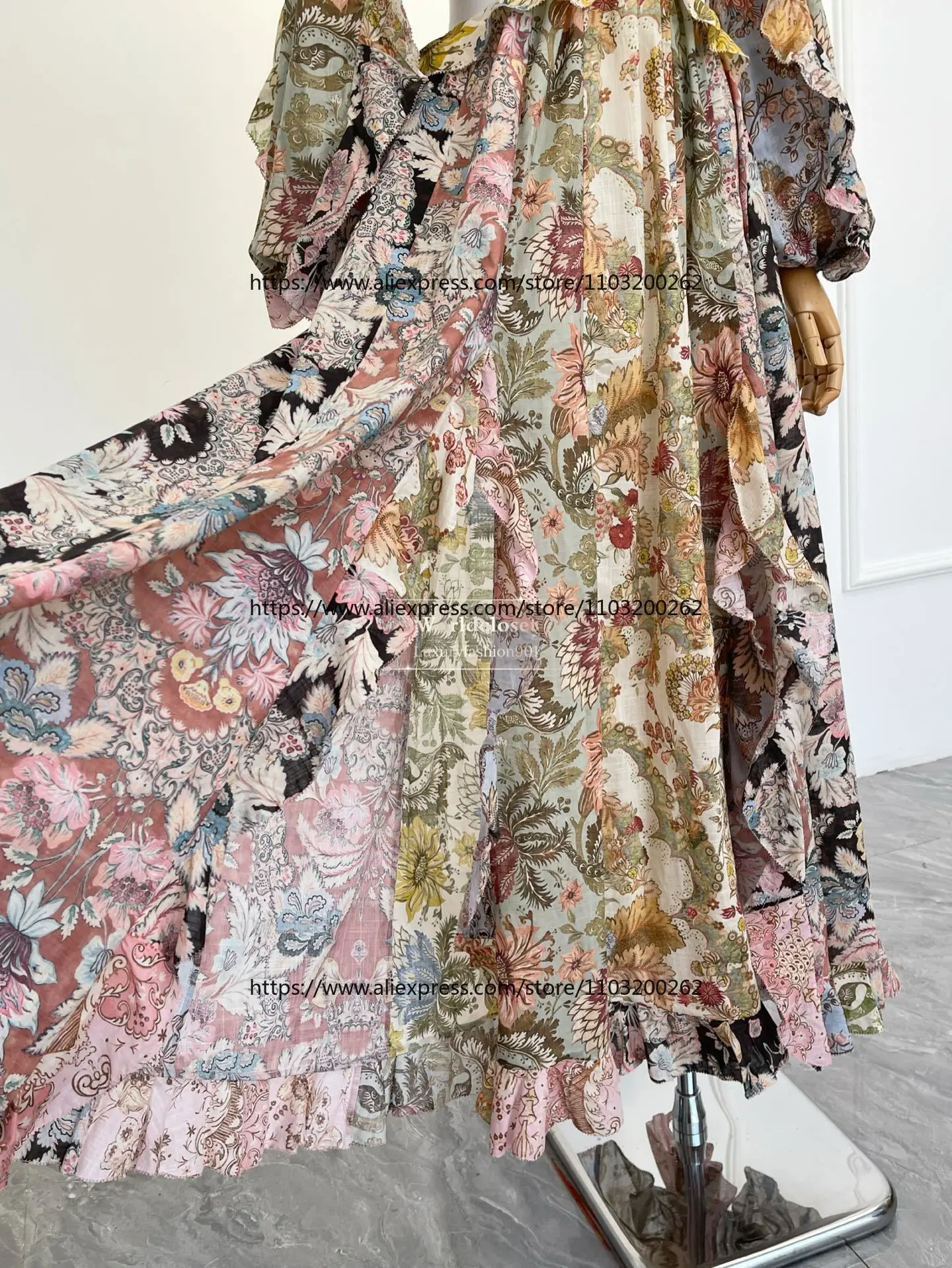 Pink Floral Print Long Sleeve Ruffles Cut Out Waist Backless Maxi Dress 2026 High Quality