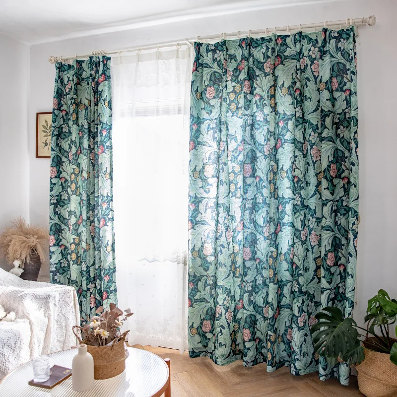 Green Flowers and Plants Printing Thickened Cotton and Linen Curtains for Living Room Bedroom French Window Customized Window