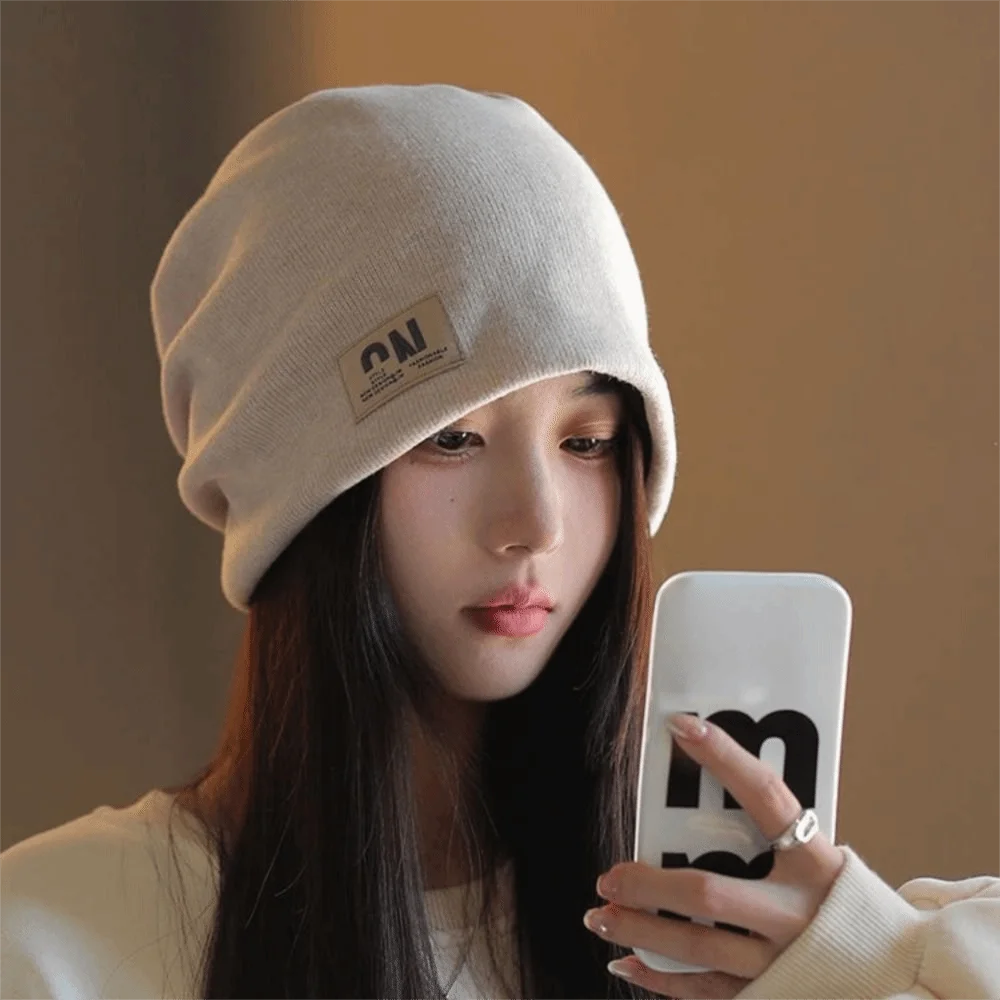 

Thickened Fleece Knit Beanies Korean Style Baggy Letter Pullover Hats Coldproof High Quality Plush Beanies Hats Autumn