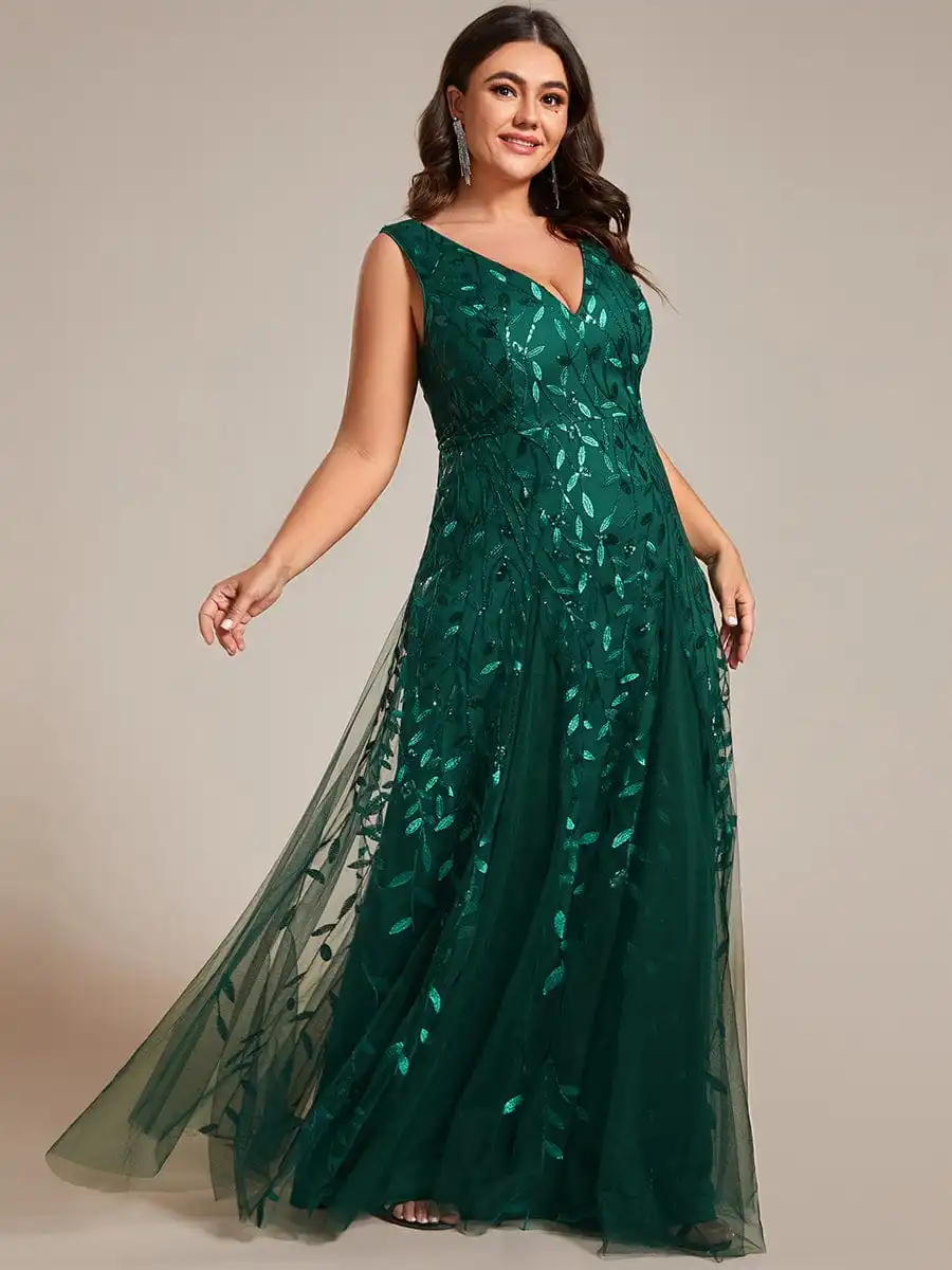 Plus size vestidos de noite profundo decote em v espumante sem mangas folha 2025 sempre bonito de lantejoulas a linha verde escuro vestido de dama de honra