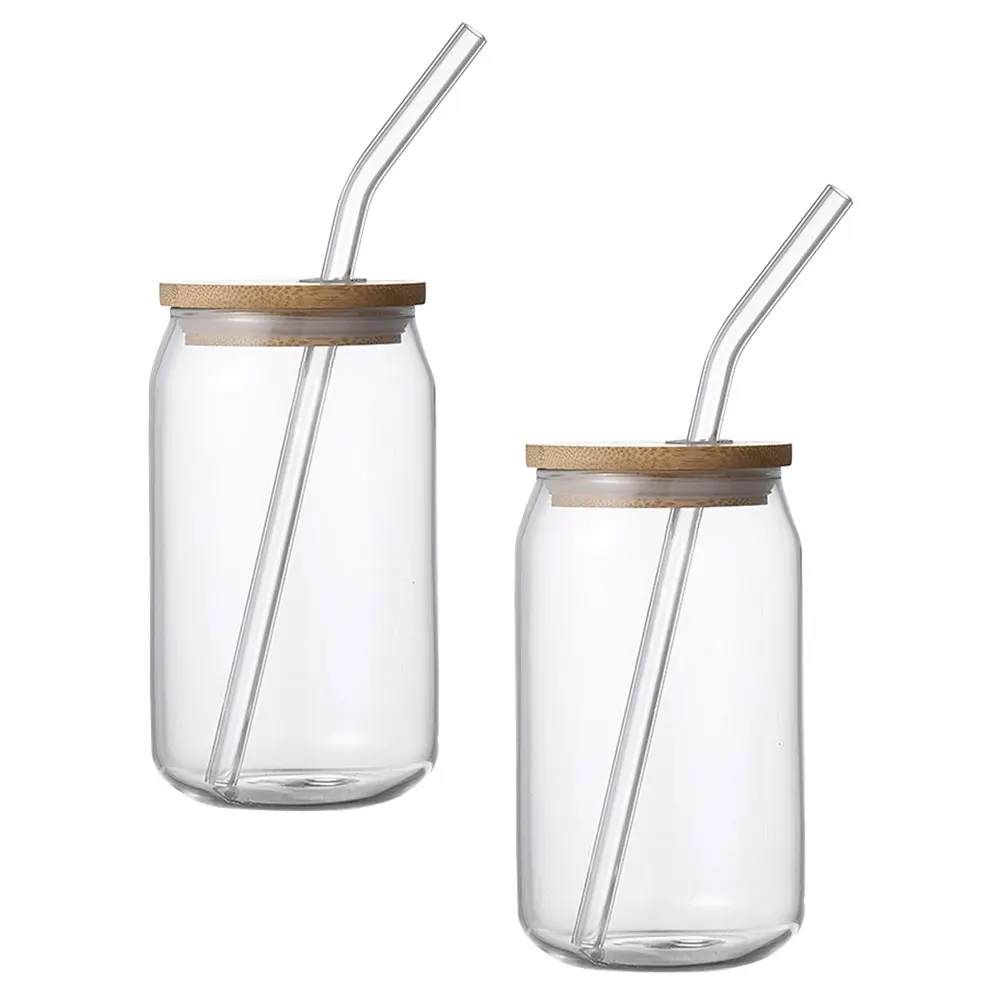 

2pcs Cups Bamboo Lid Straw Tumblers Clear Straw Cup With Lid Cold Heat Resistant Milk Drinking Container