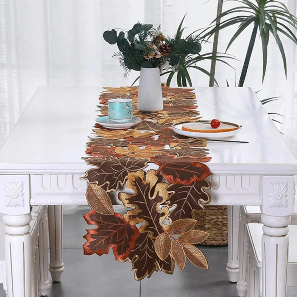 Rustic Style Maple Leaf Embroidered Table Runner Hollow Design Rectangular Maple Leaf Placemat Brown Decorative Table Liner
