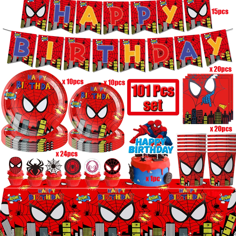 101Pcs Hot Spidey Birthday Party Decoration Disposable Tableware Cups Plates Napkins Baby Shower Superhero Party Supplies Set