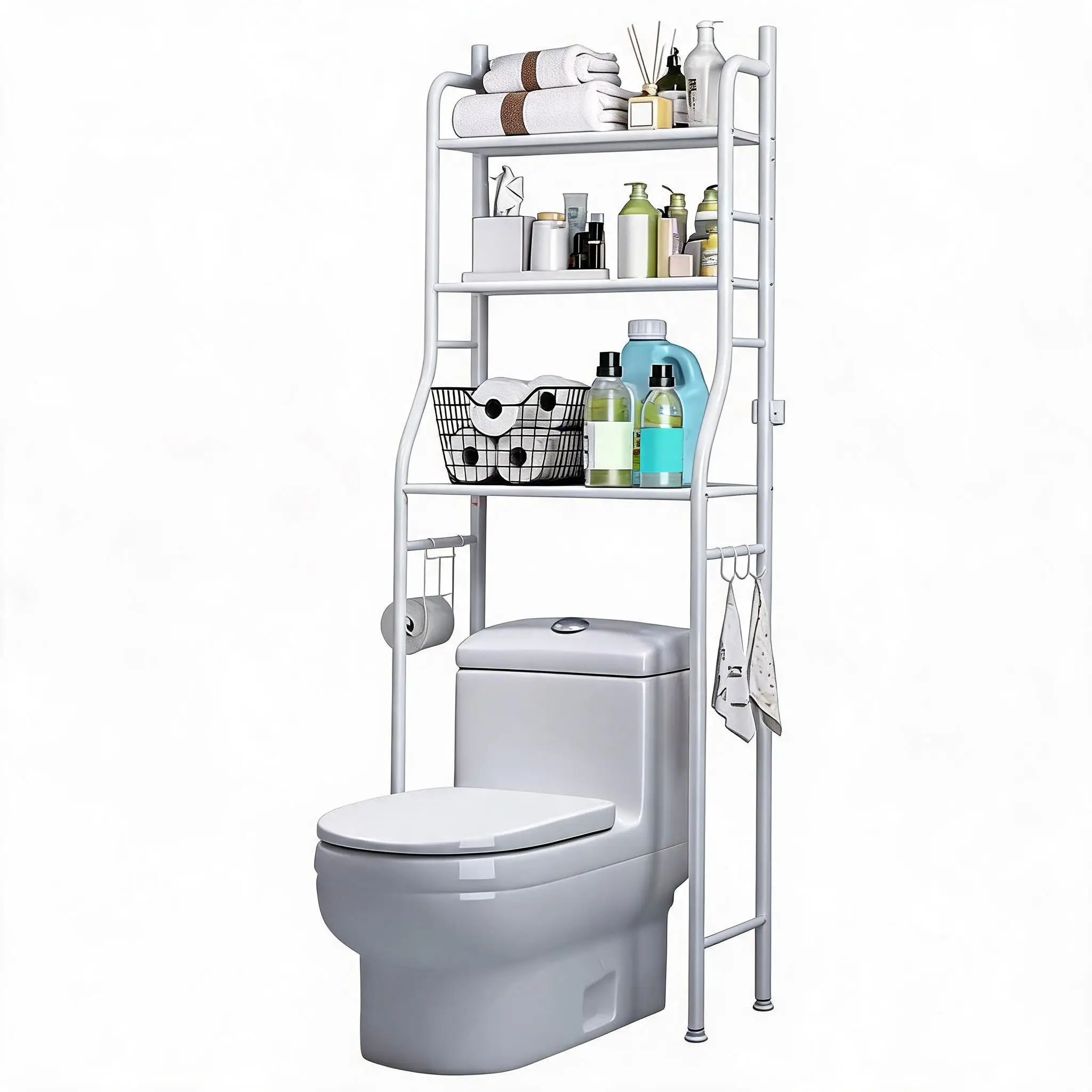 Scaffale salvaspazio da appendere sopra il WC in acciaio inossidabile – a 3 ripiani – con porta carta e ganci – versatile scaffale da bagno autoportante per bagno e lavatrice
