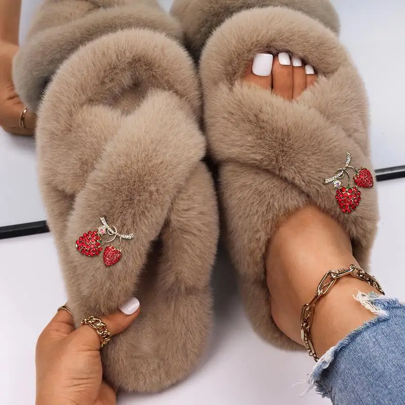 Winter Home Cozy Women Strawberry Fruit Shape Fur Slippers Red Rhinestones Faux Fur Slides Indoor Ladies Furry House Shoes