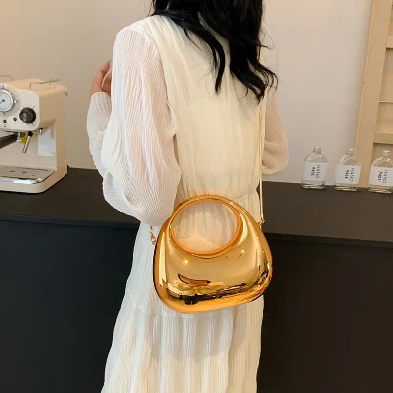 Golden Evening Handbag for Women Acrylic Wrist Bag Dinner Party Wedding Round Handle Clutch Purse 2024 Luxury Shoulder Bag