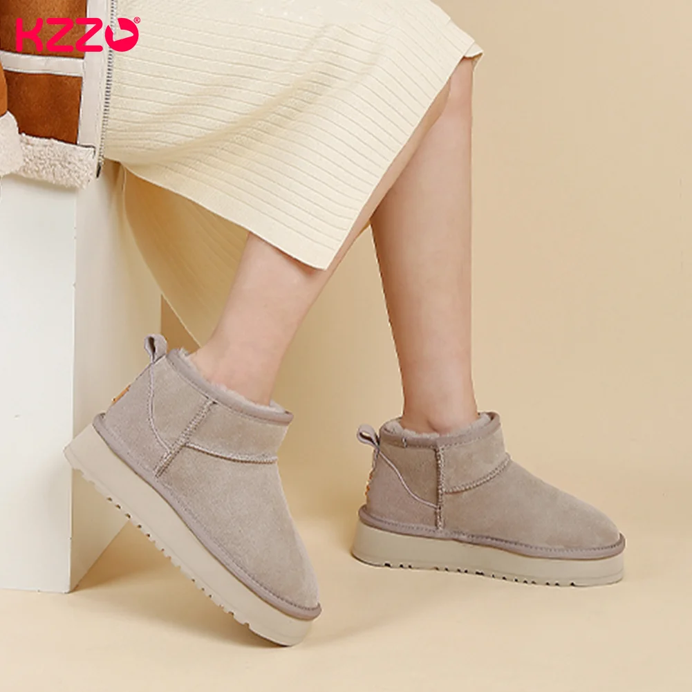 KZZO 2023 Australia Sheepskin Leather Ultra Mini Platform Snow Boots Women Natural Wool Fur Ankle Thick Sole Winter Warm Shoes