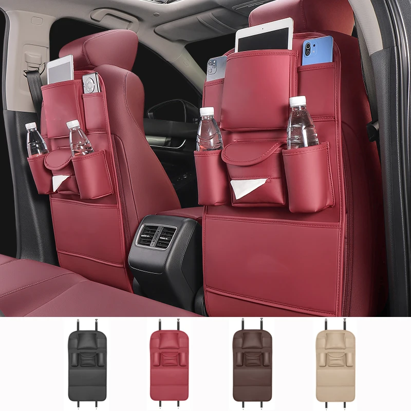 Leather Car Seat Back Storage Bag Large Capacity Organizer Multifunctional Storage Pockets Kick Pad for Tissue Bottle Organiser