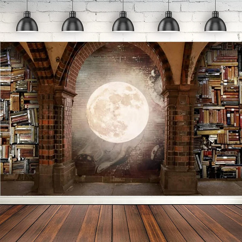 

Photography Backdrop Vintage Brick Wall Arch Wall Books Ancient Library Background Reading Room Bookshelf Antique Moon Portrait